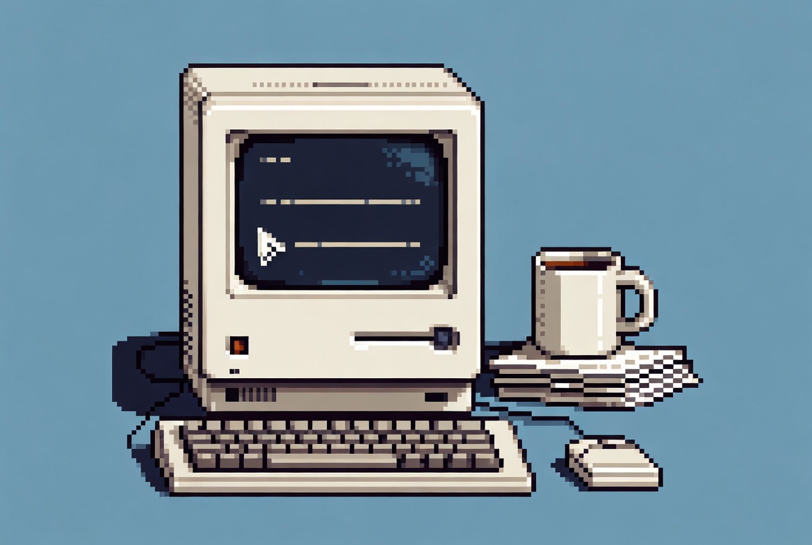 MacPaint-style illustration of a consultant at a vintage Macintosh displaying Ranger360